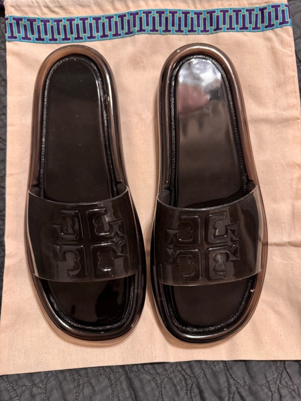 Tory Burch Jelly Sandals Glossy Black Logo Slide Mules